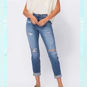 Judy Blue Size 5 / 27 Boyfriend Fit High Rise Jean Distressed Blue Stretch Slim